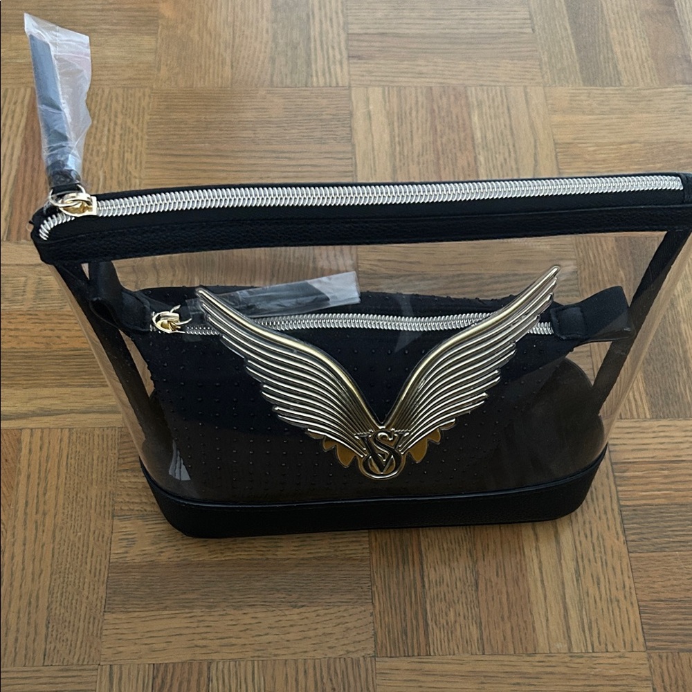 Victoria's Secret Clear Cosmetic Pouch with Gold Wing Emblem and Black Trim